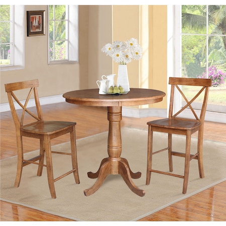 International Concepts Round 36 in Rd Ped Gathering Ht Table, 2 X-Back Stools, Distressed Oak, 36 in W, 36 in L, 35.1 in H K42-36RT-6B-S6132-2
